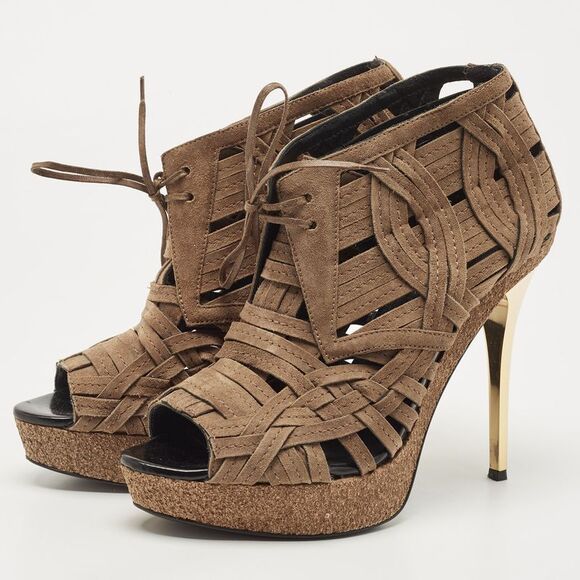 Burberry Brown Suede Cork Platform Peep Toe Ankle Booties Size 38.5 - Picture 2 of 4